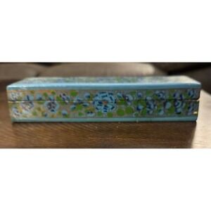 Hand Painted Floral Lacquer Trinket Box Blue Roses Silver Rectangular 8.25in